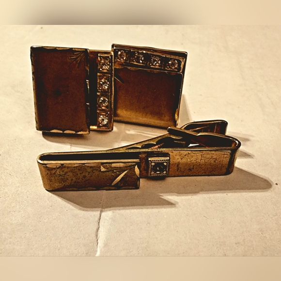 1970s square and rectangle vintage tie clip and cufflinks with rhinestones - Picture 3 of 4